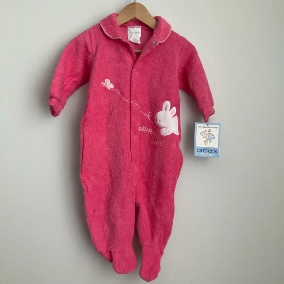 Carter's NWT Pink Plush Footed One-Piece with Bunny Applique - Picture 3 of 7
